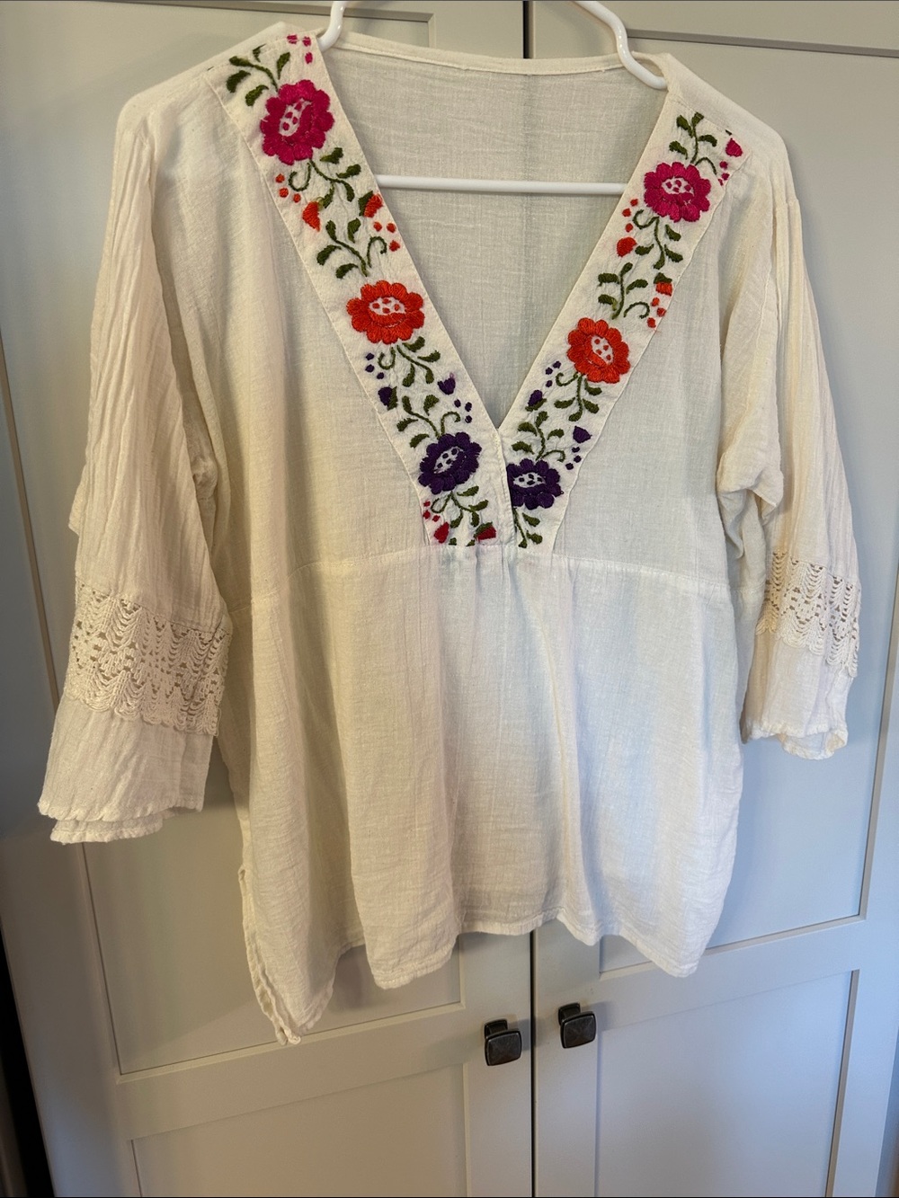 Embroidered White V-Neck Peasant Top with Floral Trim